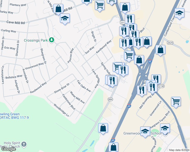 map of restaurants, bars, coffee shops, grocery stores, and more near 3237 Cave Springs Avenue in Bowling Green