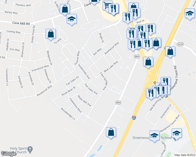 map of restaurants, bars, coffee shops, grocery stores, and more near 1348 Blue Lake Way in Bowling Green