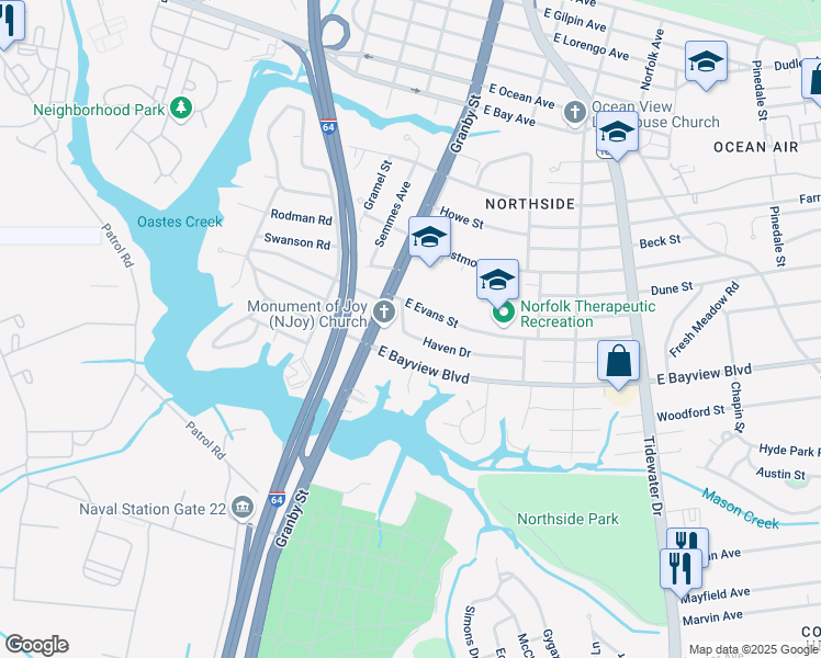 map of restaurants, bars, coffee shops, grocery stores, and more near 126 Haven Drive in Norfolk
