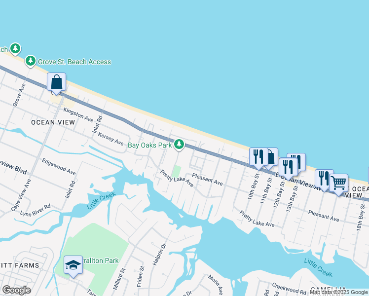 map of restaurants, bars, coffee shops, grocery stores, and more near 2405 East Ocean View Avenue in Norfolk