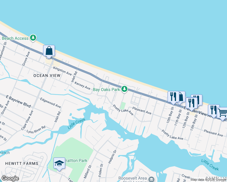 map of restaurants, bars, coffee shops, grocery stores, and more near 9638 3rd Bay Street in Norfolk