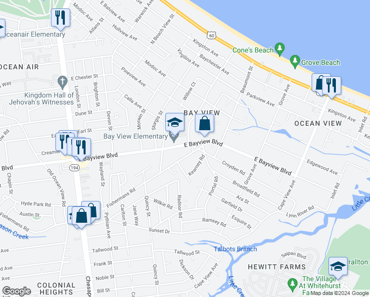 map of restaurants, bars, coffee shops, grocery stores, and more near 1459 East Bayview Boulevard in Norfolk