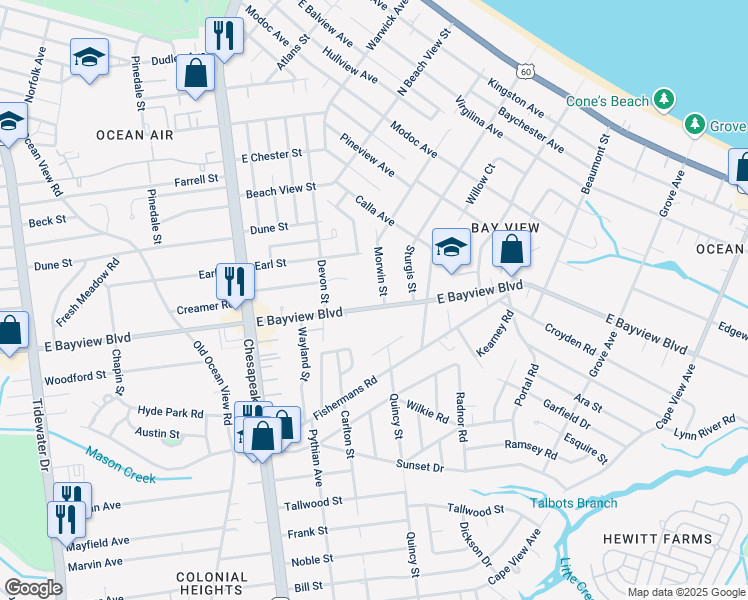 map of restaurants, bars, coffee shops, grocery stores, and more near 1352 E Bayview Blvd in Norfolk