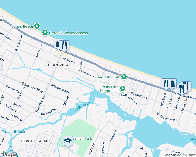 map of restaurants, bars, coffee shops, grocery stores, and more near 9610 Whit Avenue in Norfolk