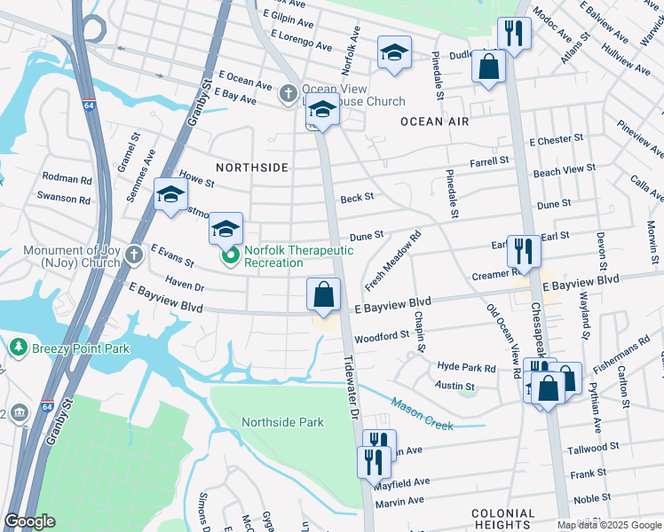 map of restaurants, bars, coffee shops, grocery stores, and more near 8703 Tidewater Drive in Norfolk