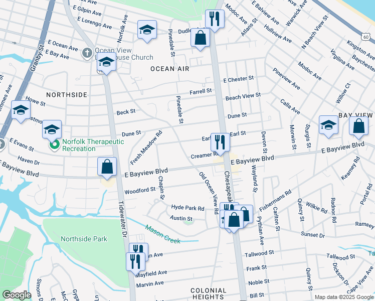 map of restaurants, bars, coffee shops, grocery stores, and more near 8636 Old Ocean View Road in Norfolk
