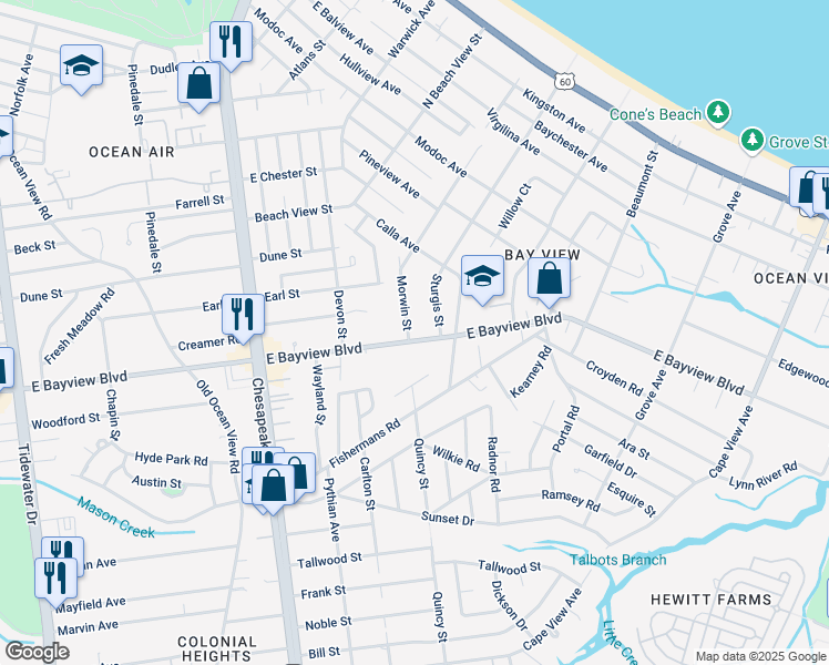 map of restaurants, bars, coffee shops, grocery stores, and more near 1352 East Bayview Boulevard in Norfolk
