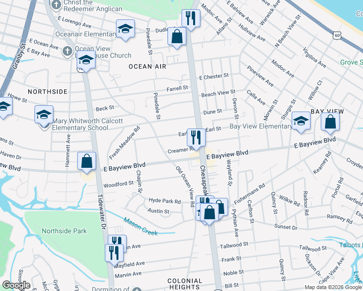 map of restaurants, bars, coffee shops, grocery stores, and more near 700 Creamer Road in Norfolk