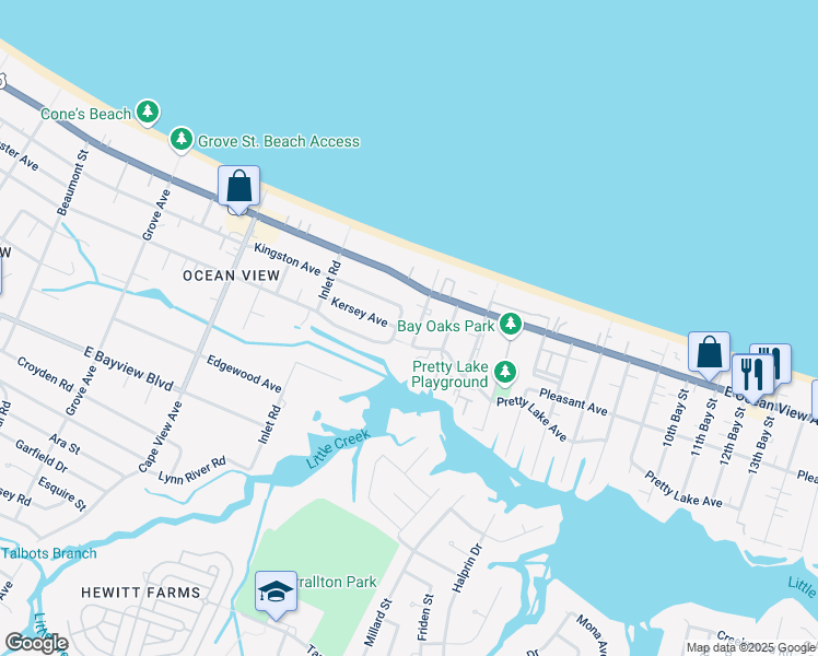 map of restaurants, bars, coffee shops, grocery stores, and more near 9611 1st Bay Street in Norfolk