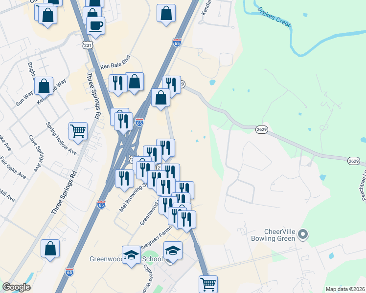 map of restaurants, bars, coffee shops, grocery stores, and more near 599 Highway 2158 in Bowling Green