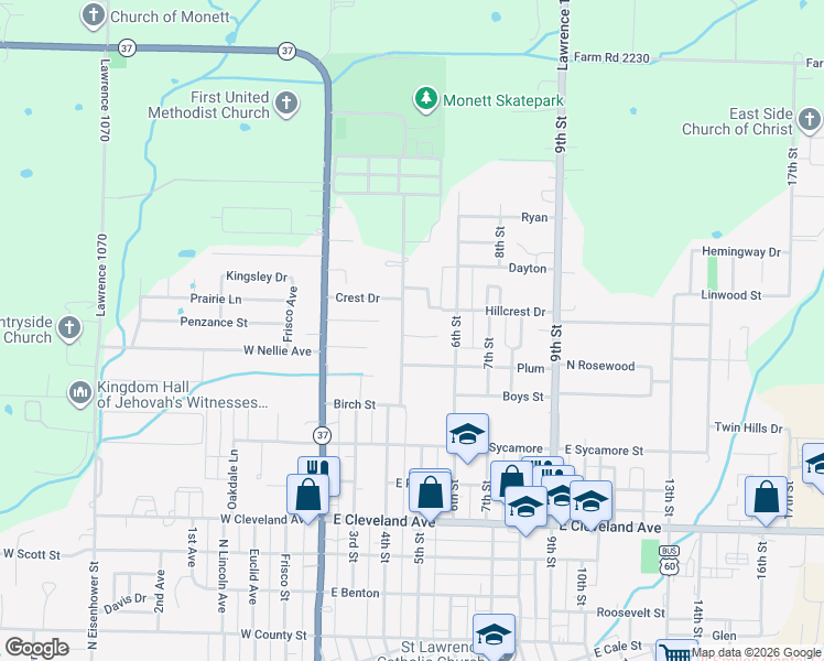 map of restaurants, bars, coffee shops, grocery stores, and more near 1401-1499 N 4th St in Monett