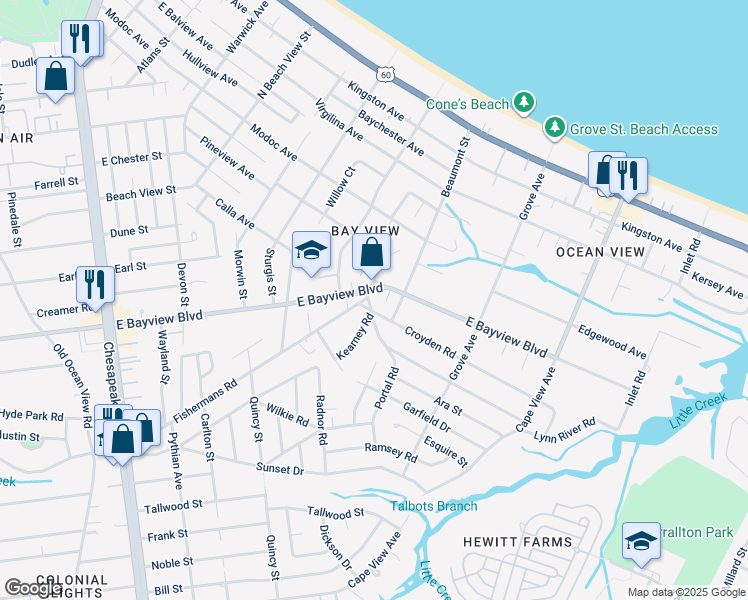 map of restaurants, bars, coffee shops, grocery stores, and more near 9202 Portal Road in Norfolk