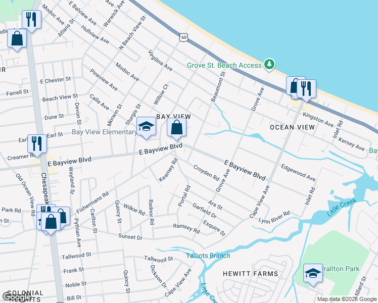 map of restaurants, bars, coffee shops, grocery stores, and more near 1613 East Bayview Boulevard in Norfolk