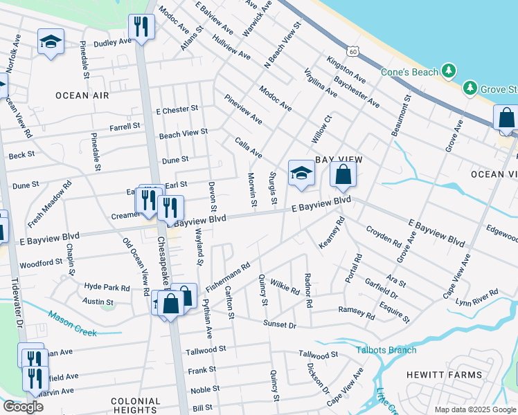 map of restaurants, bars, coffee shops, grocery stores, and more near 1352 East Bayview Boulevard in Norfolk