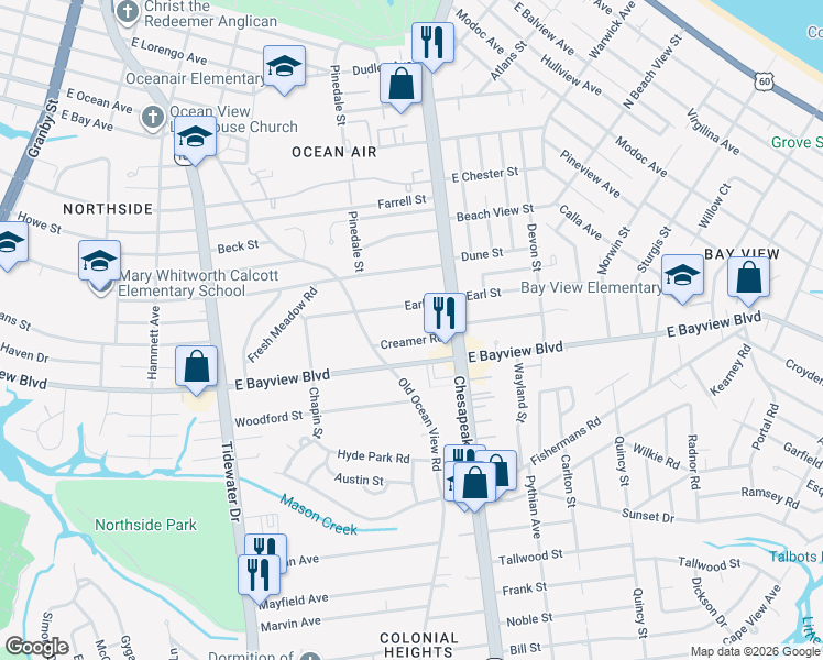 map of restaurants, bars, coffee shops, grocery stores, and more near 700 Creamer Road in Norfolk