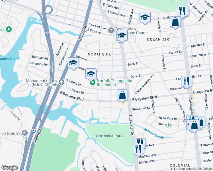 map of restaurants, bars, coffee shops, grocery stores, and more near 230 East Evans Street in Norfolk