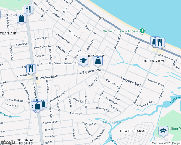 map of restaurants, bars, coffee shops, grocery stores, and more near 1463 East Bayview Boulevard in Norfolk