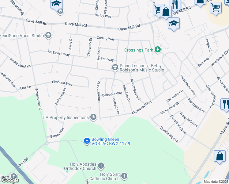 map of restaurants, bars, coffee shops, grocery stores, and more near 1719 Bellshire Way in Bowling Green