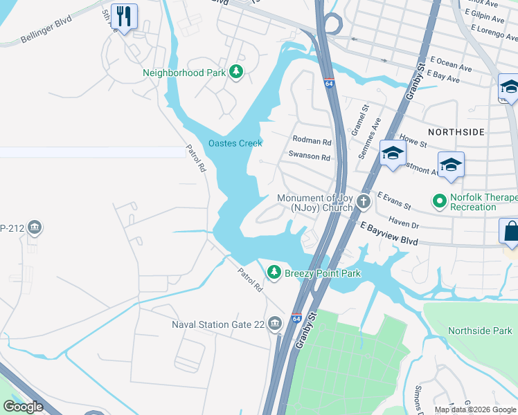 map of restaurants, bars, coffee shops, grocery stores, and more near 8540 Culfor Crescent in Norfolk