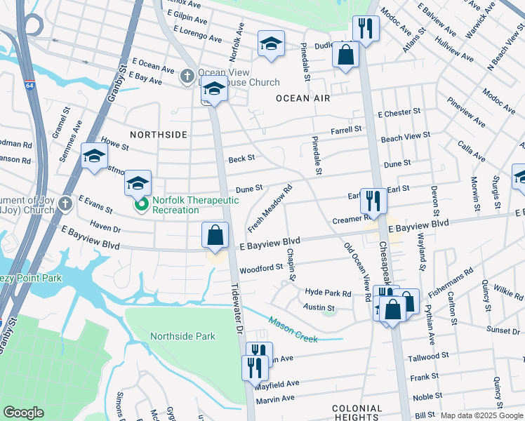map of restaurants, bars, coffee shops, grocery stores, and more near 414 Fresh Meadow Road in Norfolk