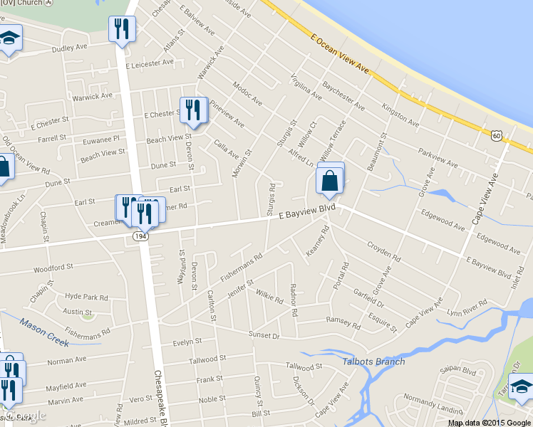 map of restaurants, bars, coffee shops, grocery stores, and more near 1406 East Bayview Boulevard in Norfolk