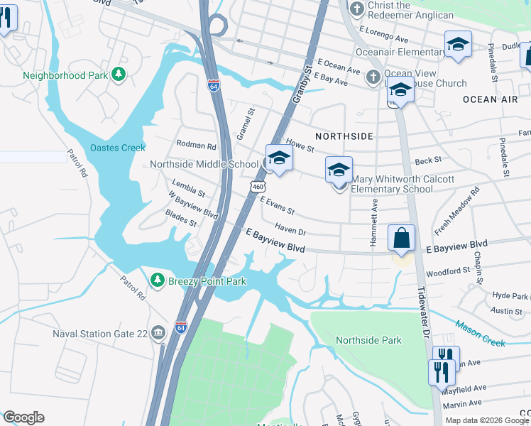 map of restaurants, bars, coffee shops, grocery stores, and more near 118 Haven Drive in Norfolk