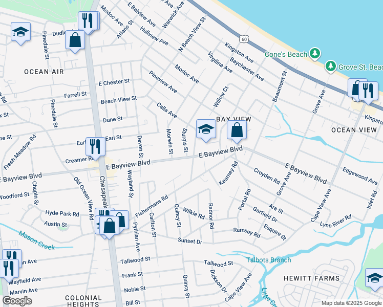map of restaurants, bars, coffee shops, grocery stores, and more near 1406 East Bayview Boulevard in Norfolk