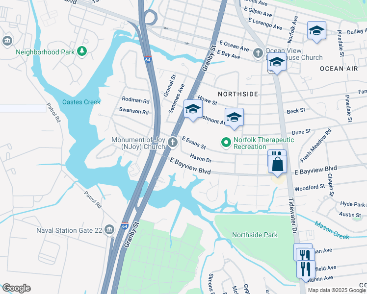 map of restaurants, bars, coffee shops, grocery stores, and more near 118 Haven Drive in Norfolk