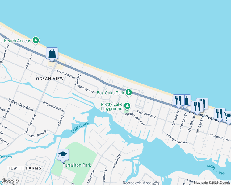 map of restaurants, bars, coffee shops, grocery stores, and more near 9638 3rd Bay Street in Norfolk