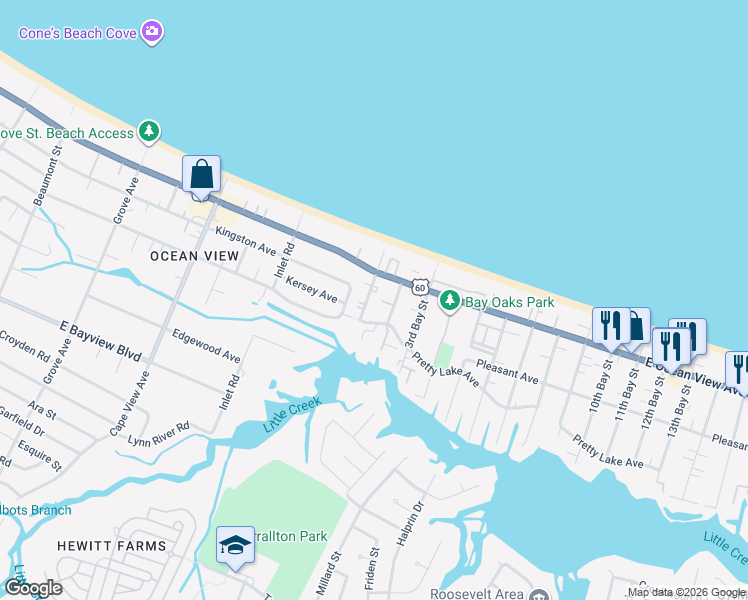 map of restaurants, bars, coffee shops, grocery stores, and more near 9620 1st Bay Street in Norfolk