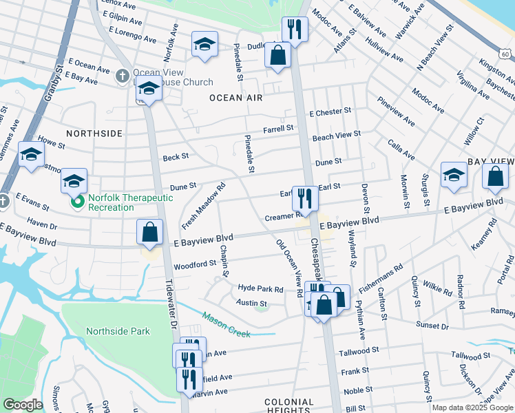 map of restaurants, bars, coffee shops, grocery stores, and more near 8636 Old Ocean View Road in Norfolk