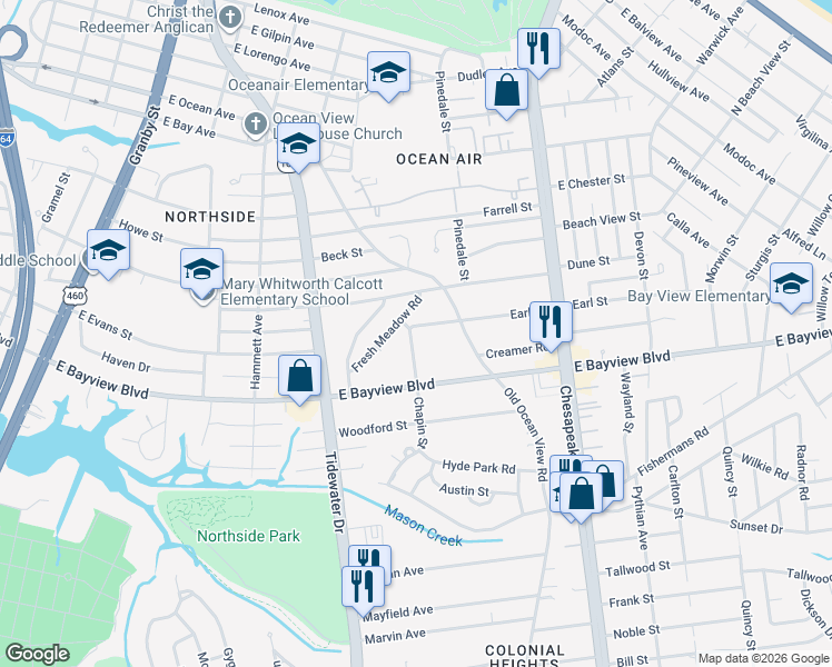 map of restaurants, bars, coffee shops, grocery stores, and more near 8618 Chapin Street in Norfolk