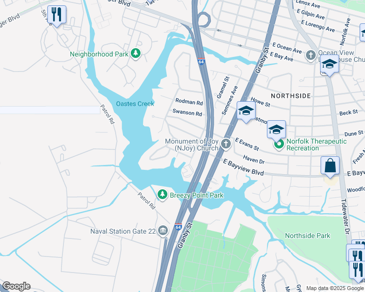 map of restaurants, bars, coffee shops, grocery stores, and more near 157 West Bayview Boulevard in Norfolk