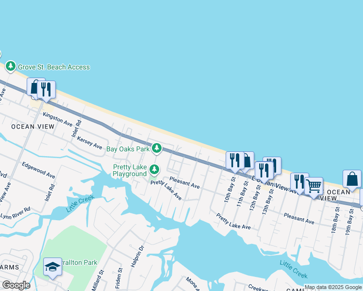 map of restaurants, bars, coffee shops, grocery stores, and more near 2518 East Ocean View Avenue in Norfolk