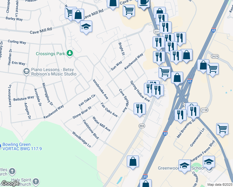 map of restaurants, bars, coffee shops, grocery stores, and more near 1348 Blue Lake Way in Bowling Green
