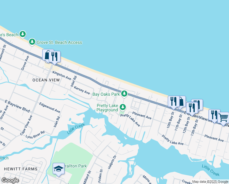 map of restaurants, bars, coffee shops, grocery stores, and more near 2233 East Ocean View Avenue in Norfolk