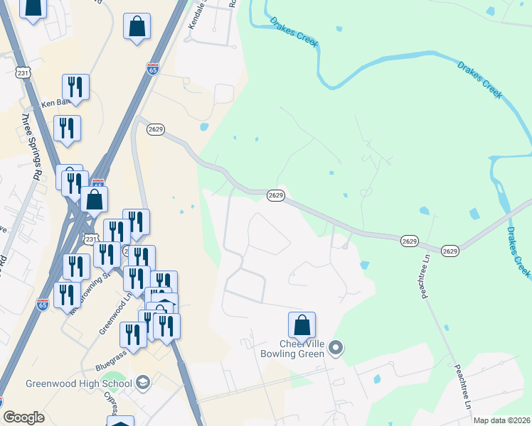 map of restaurants, bars, coffee shops, grocery stores, and more near 172 Huntsman Cir in Bowling Green