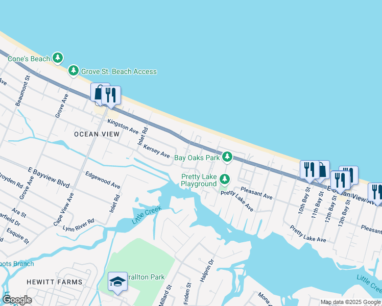 map of restaurants, bars, coffee shops, grocery stores, and more near 9628 1st Bay Street in Norfolk