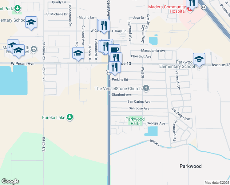 map of restaurants, bars, coffee shops, grocery stores, and more near 27139 Stanford Avenue in Madera