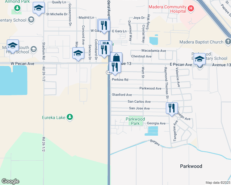 map of restaurants, bars, coffee shops, grocery stores, and more near 27139 Stanford Avenue in Madera
