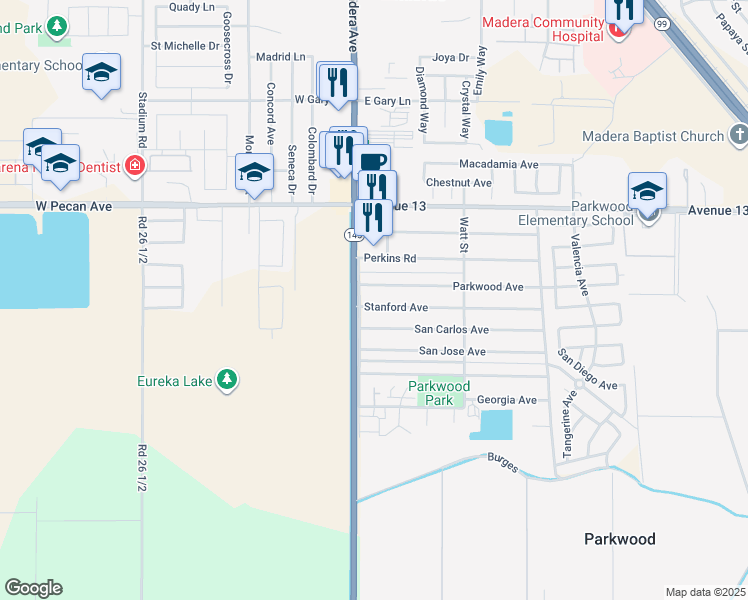 map of restaurants, bars, coffee shops, grocery stores, and more near 27139 Stanford Avenue in Madera