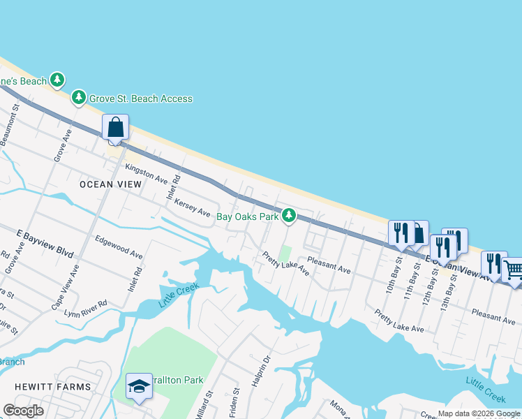 map of restaurants, bars, coffee shops, grocery stores, and more near 9638 3rd Bay Street in Norfolk