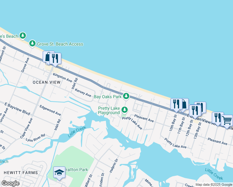 map of restaurants, bars, coffee shops, grocery stores, and more near 2233 East Ocean View Avenue in Norfolk