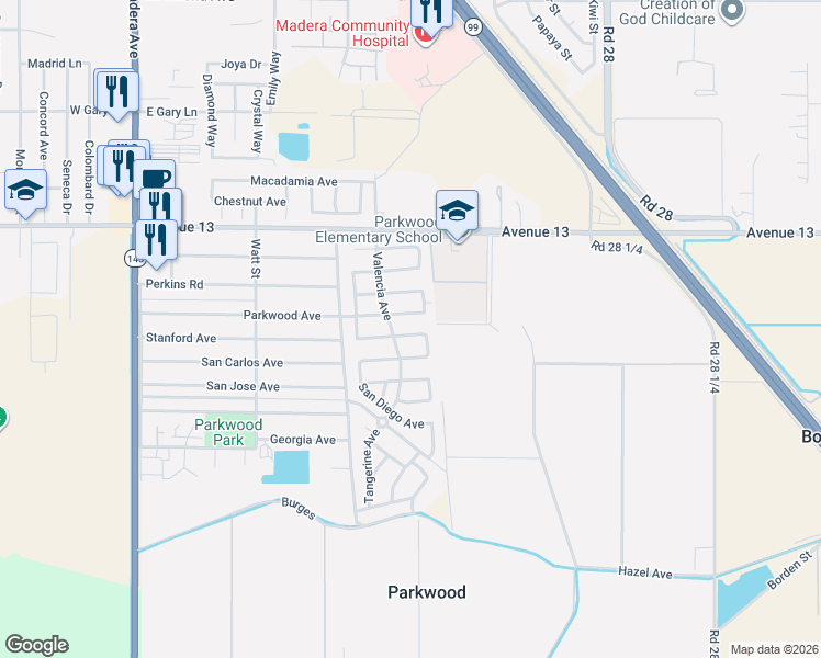 map of restaurants, bars, coffee shops, grocery stores, and more near 1037 Stanford Avenue in Madera