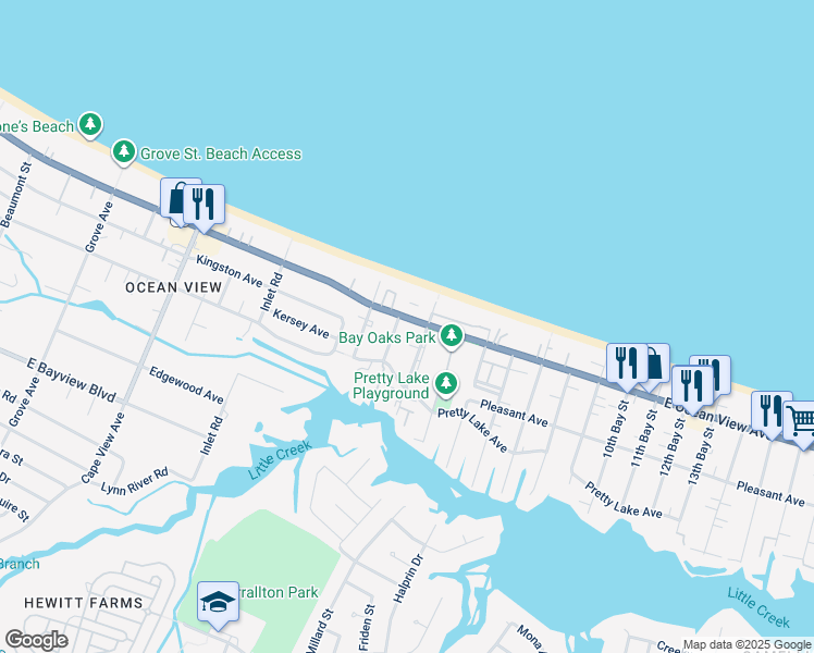 map of restaurants, bars, coffee shops, grocery stores, and more near 2215 East Ocean View Avenue in Norfolk