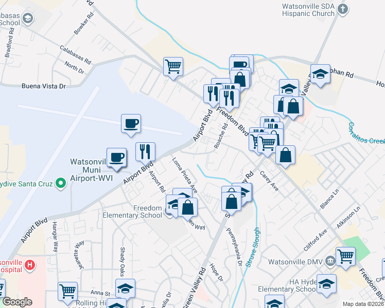 map of restaurants, bars, coffee shops, grocery stores, and more near 119a Whitney Drive in Freedom
