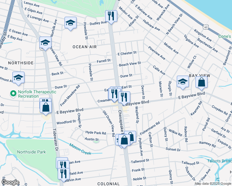 map of restaurants, bars, coffee shops, grocery stores, and more near 8639 Chesapeake Boulevard in Norfolk