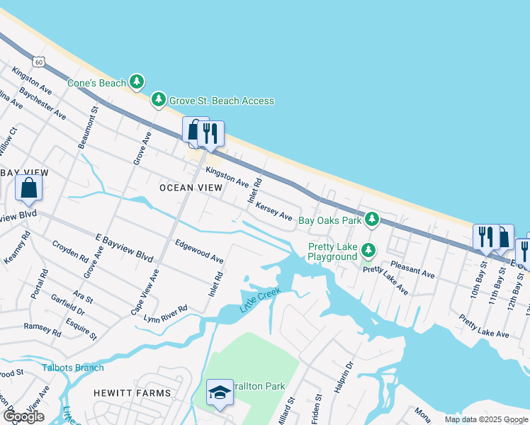 map of restaurants, bars, coffee shops, grocery stores, and more near 2021 Kersey Avenue in Norfolk