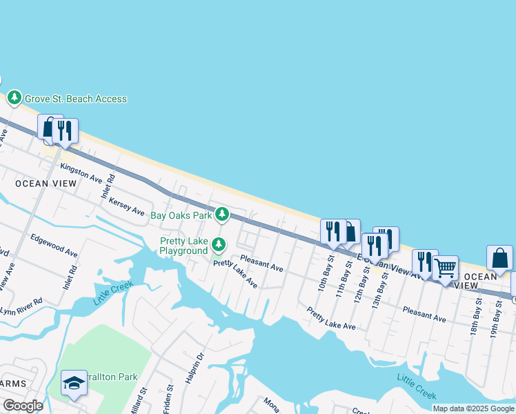 map of restaurants, bars, coffee shops, grocery stores, and more near 2518 East Ocean View Avenue in Norfolk