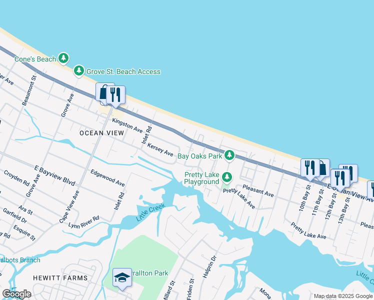 map of restaurants, bars, coffee shops, grocery stores, and more near 9627 1st Bay Street in Norfolk